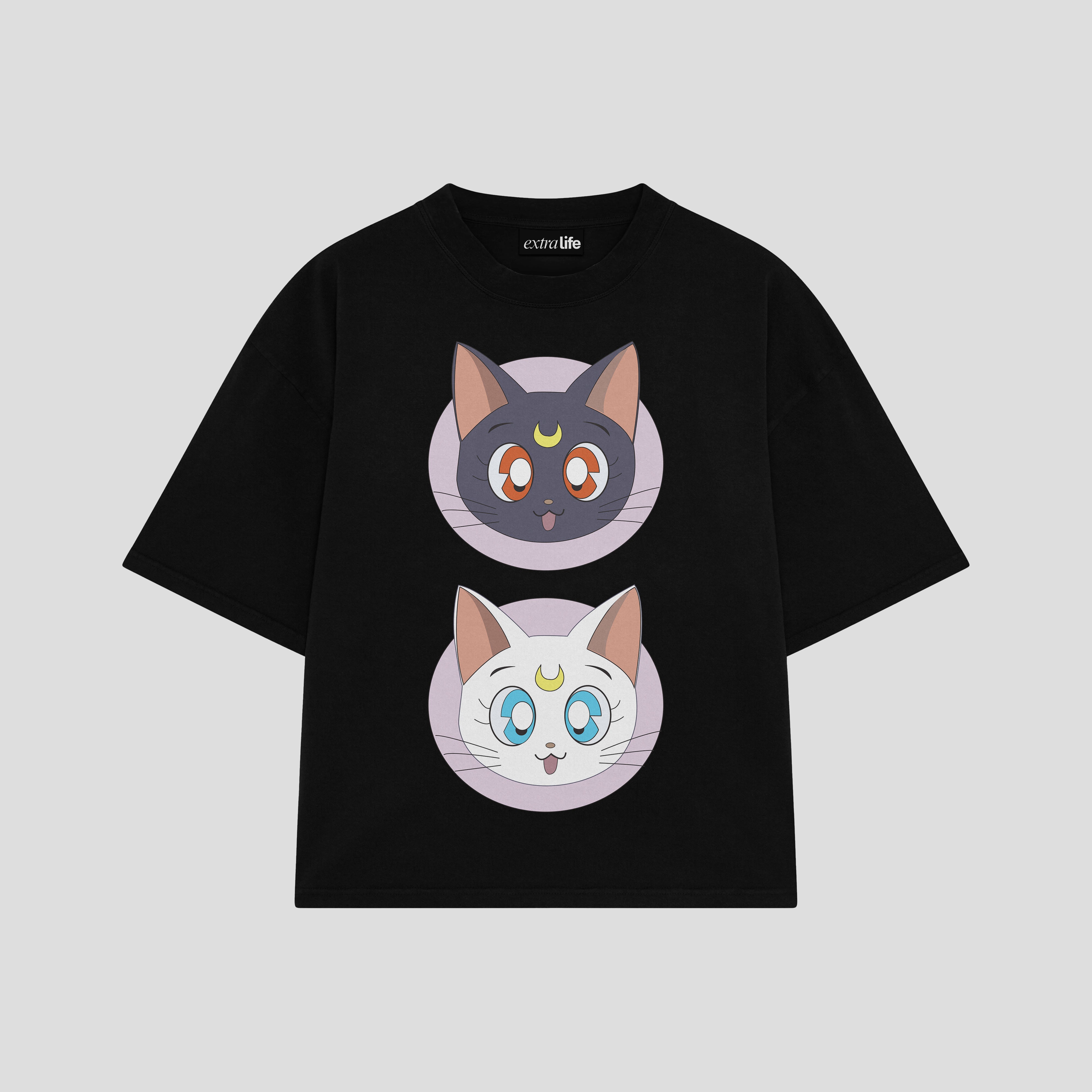 Playera streetwear premium de anime y gaming ExtraLife MX, corte boxy oversized drop shoulder heavyweight en color Deep Black y Off-White, moda urbana mexicana de culto.