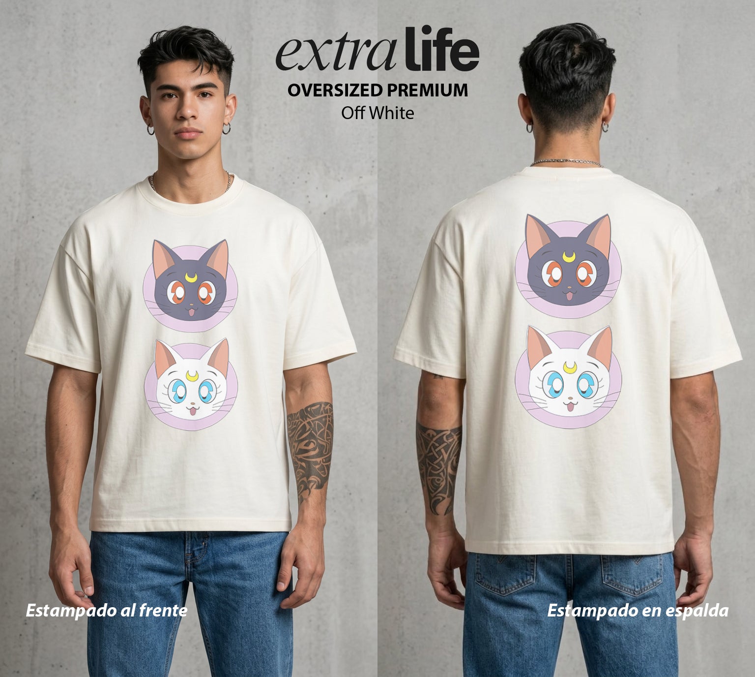Las Guerreras del Cosmos | El Guardian Felino #03761 - Playera Oversized Premium | Off White - Foto en modelo
