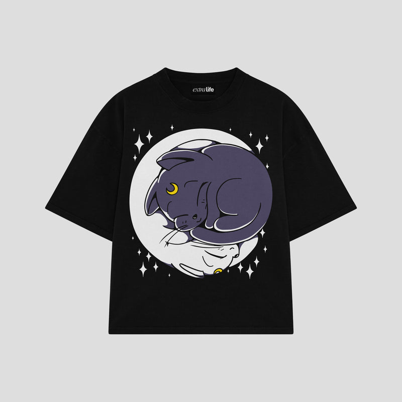 Playera streetwear premium de anime y gaming ExtraLife MX, corte boxy oversized drop shoulder heavyweight en color Deep Black y Off-White, moda urbana mexicana de culto.