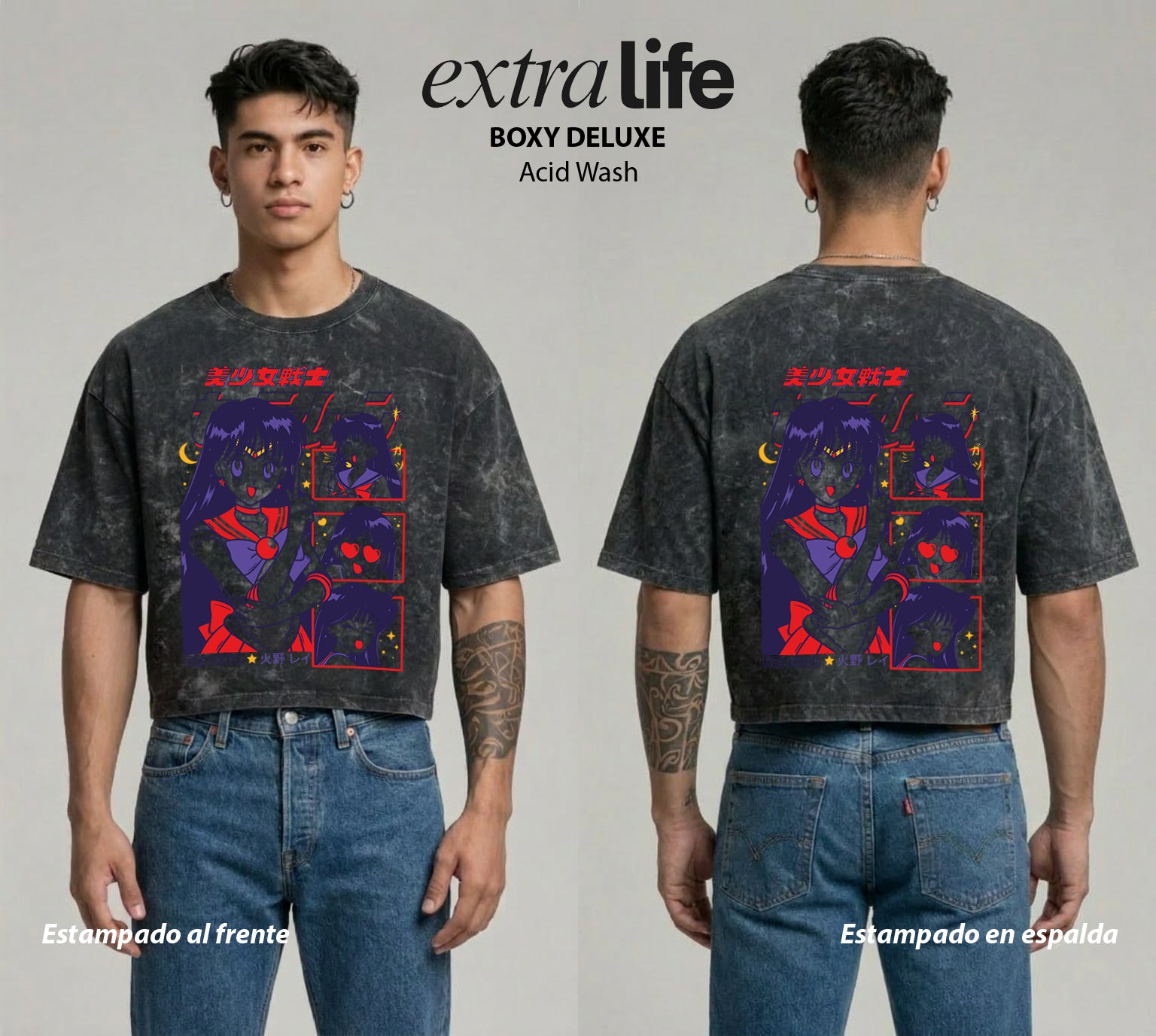 Playera streetwear premium de anime y gaming ExtraLife MX, corte boxy deluxe mineral wash heavyweight en color Acid Wash, moda urbana mexicana de culto.
