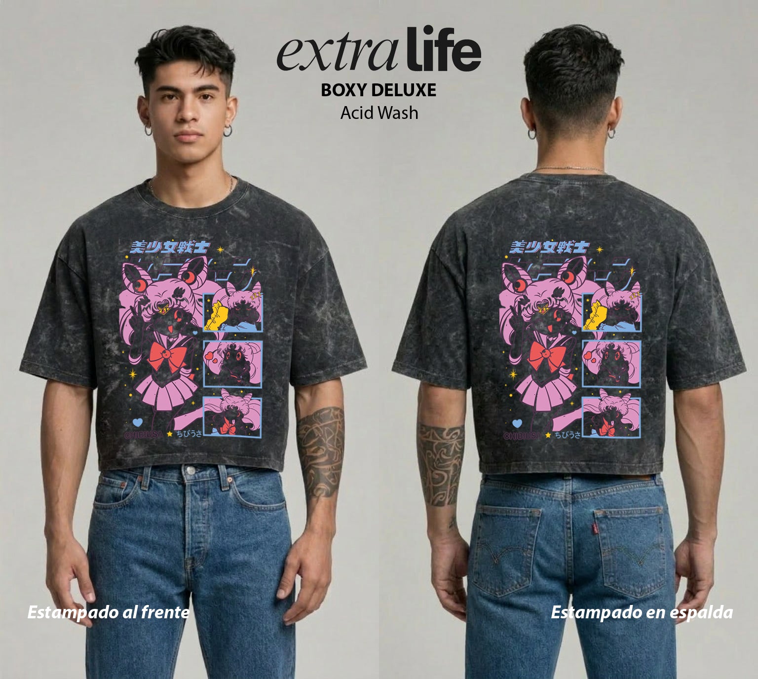 Playera streetwear premium de anime y gaming ExtraLife MX, corte boxy deluxe mineral wash heavyweight en color Acid Wash, moda urbana mexicana de culto.