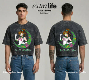 Playera streetwear premium de anime y gaming ExtraLife MX, corte boxy deluxe mineral wash heavyweight en color Acid Wash, moda urbana mexicana de culto.