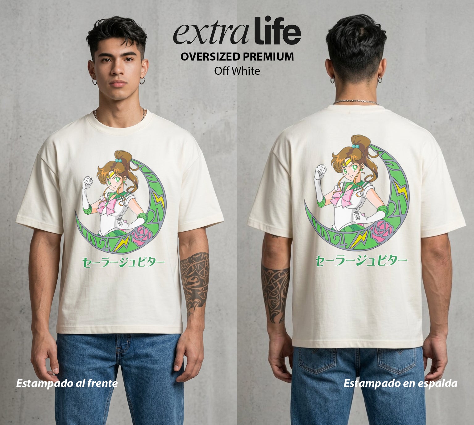 Las Guerreras del Cosmos | El Rayo del Bien #03765 - Playera Oversized Premium | Off White - Foto en modelo