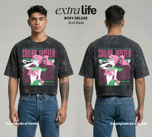 Playera streetwear premium de anime y gaming ExtraLife MX, corte boxy deluxe mineral wash heavyweight en color Acid Wash, moda urbana mexicana de culto.