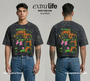 Playera streetwear premium de anime y gaming ExtraLife MX, corte boxy deluxe mineral wash heavyweight en color Acid Wash, moda urbana mexicana de culto.