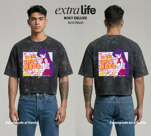 Playera streetwear premium de anime y gaming ExtraLife MX, corte boxy deluxe mineral wash heavyweight en color Acid Wash, moda urbana mexicana de culto.