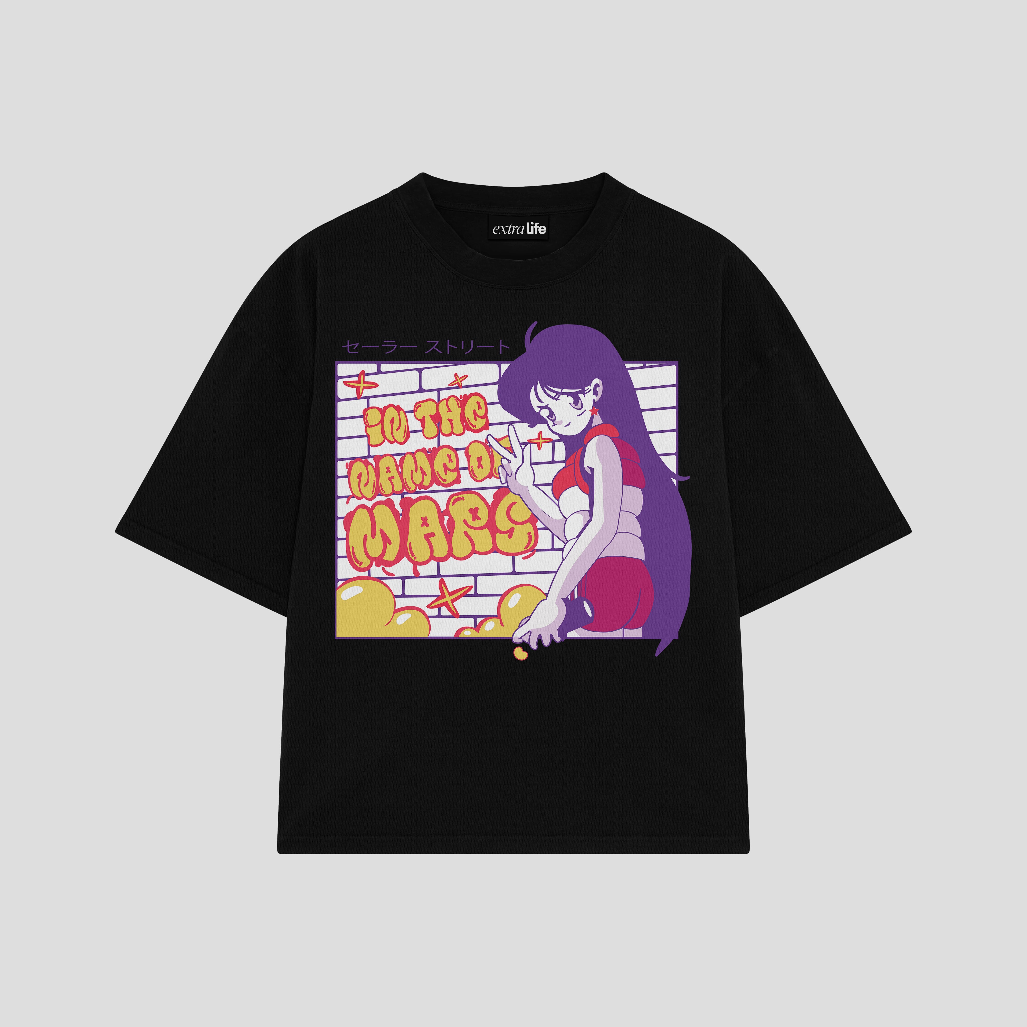 Playera streetwear premium de anime y gaming ExtraLife MX, corte boxy oversized drop shoulder heavyweight en color Deep Black y Off-White, moda urbana mexicana de culto.