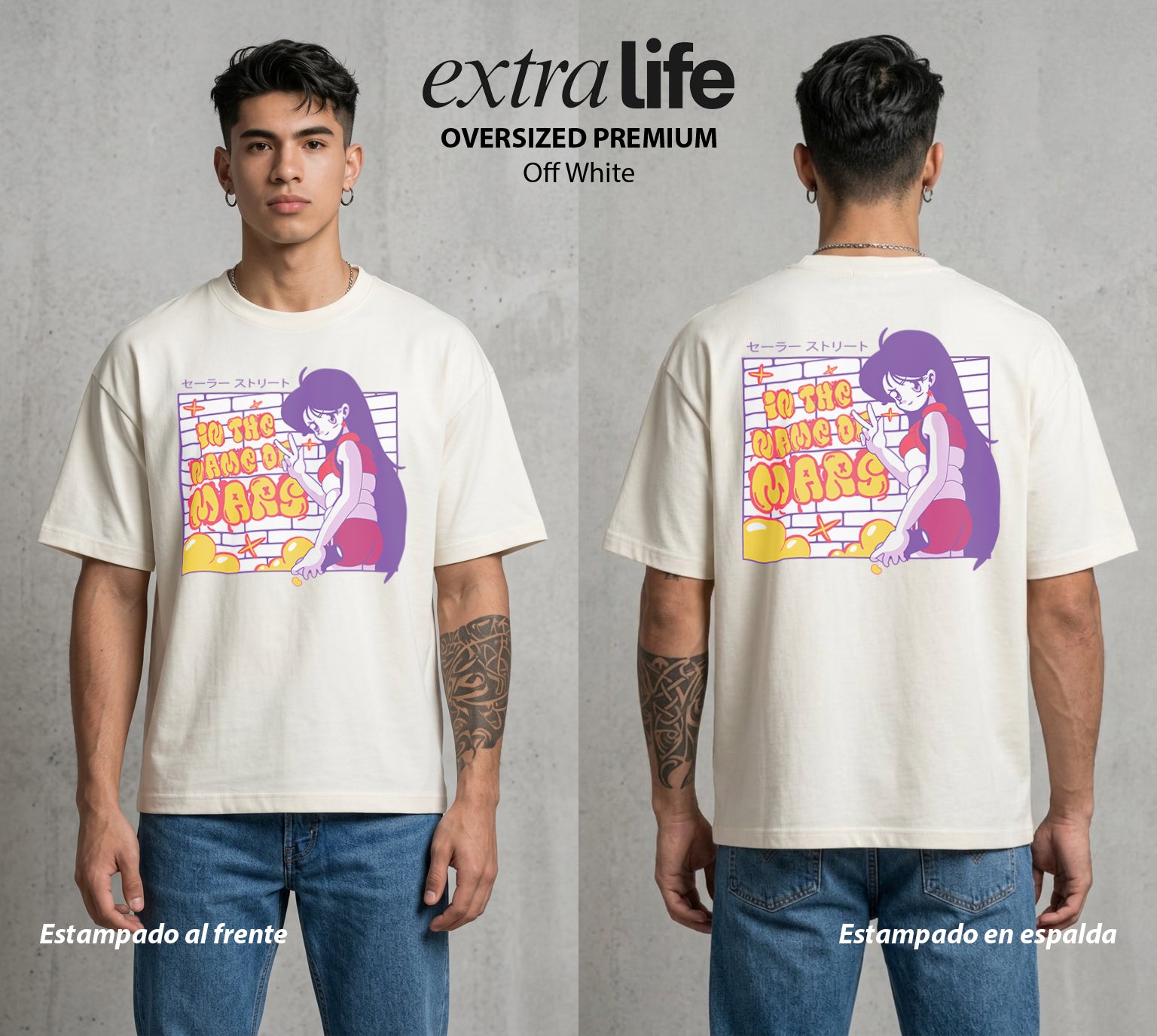 Las Guerreras del Cosmos | El Fuego del Bien #03768 - Playera Oversized Premium | Off White - Foto en modelo