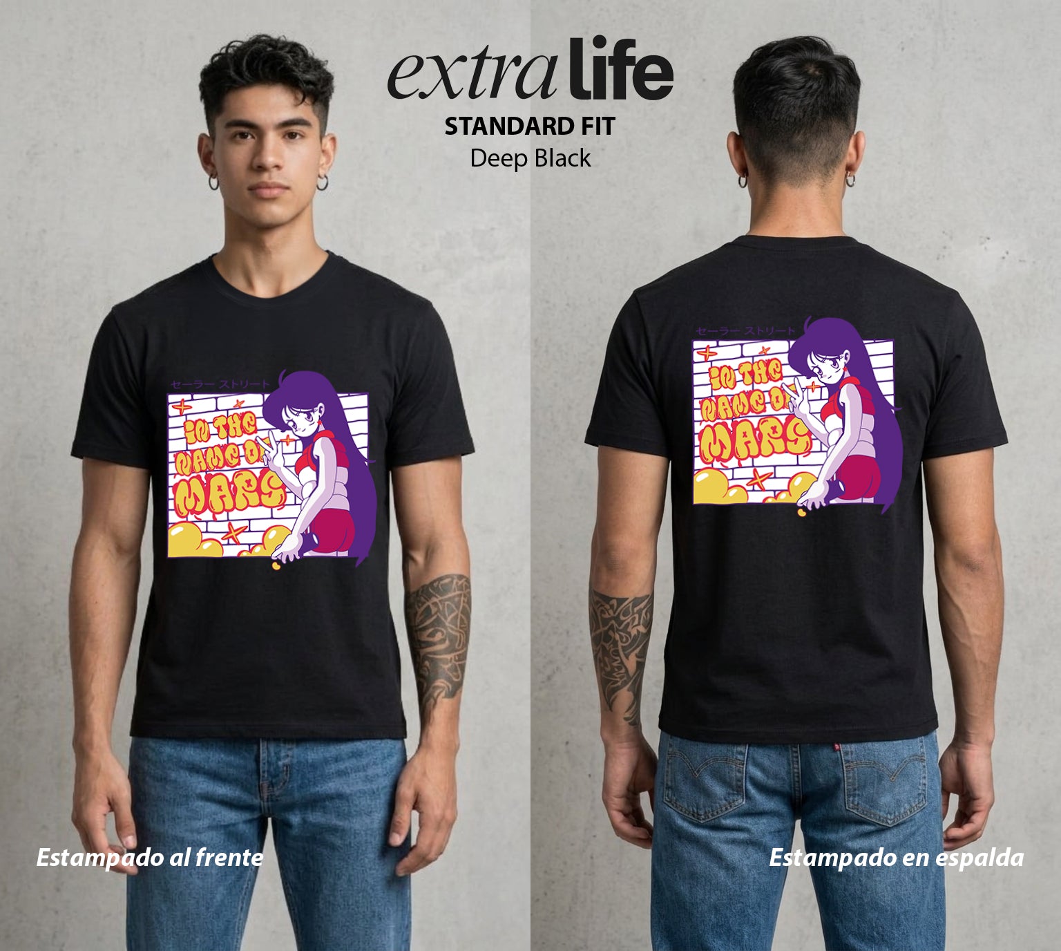 Las Guerreras del Cosmos | El Fuego del Bien #03768 - Playera Standard Fit | Deep Black - Foto en modelo