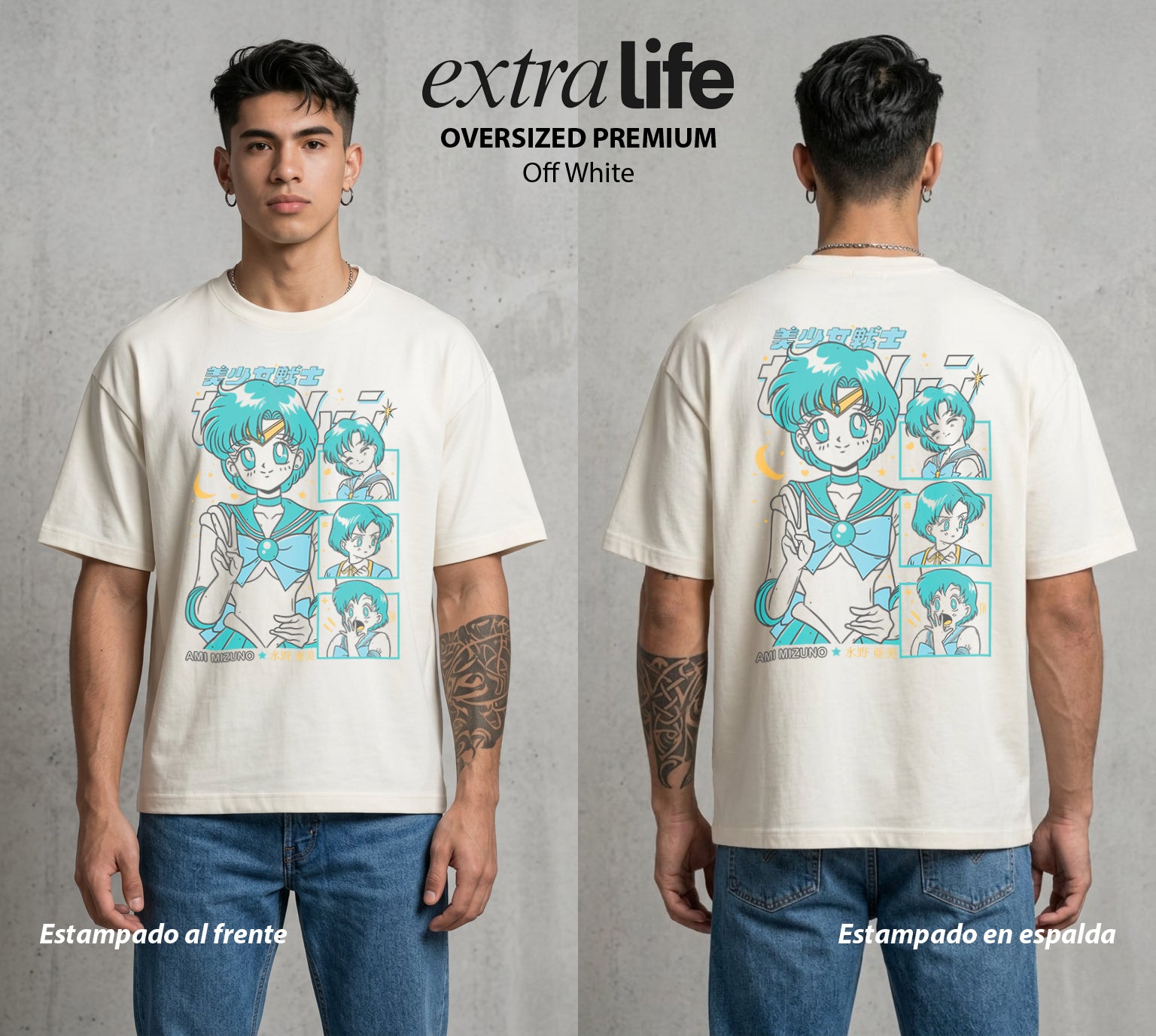 Las Guerreras del Cosmos | La Guerrera del Conocimiento #03773 - Playera Oversized Premium | Off White - Foto en modelo
