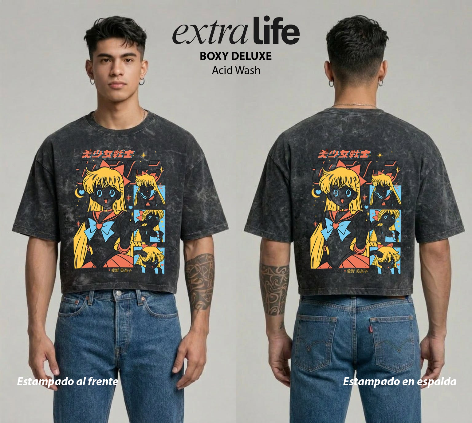 Playera streetwear premium de anime y gaming ExtraLife MX, corte boxy deluxe mineral wash heavyweight en color Acid Wash, moda urbana mexicana de culto.