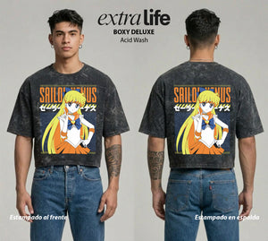 Playera streetwear premium de anime y gaming ExtraLife MX, corte boxy deluxe mineral wash heavyweight en color Acid Wash, moda urbana mexicana de culto.