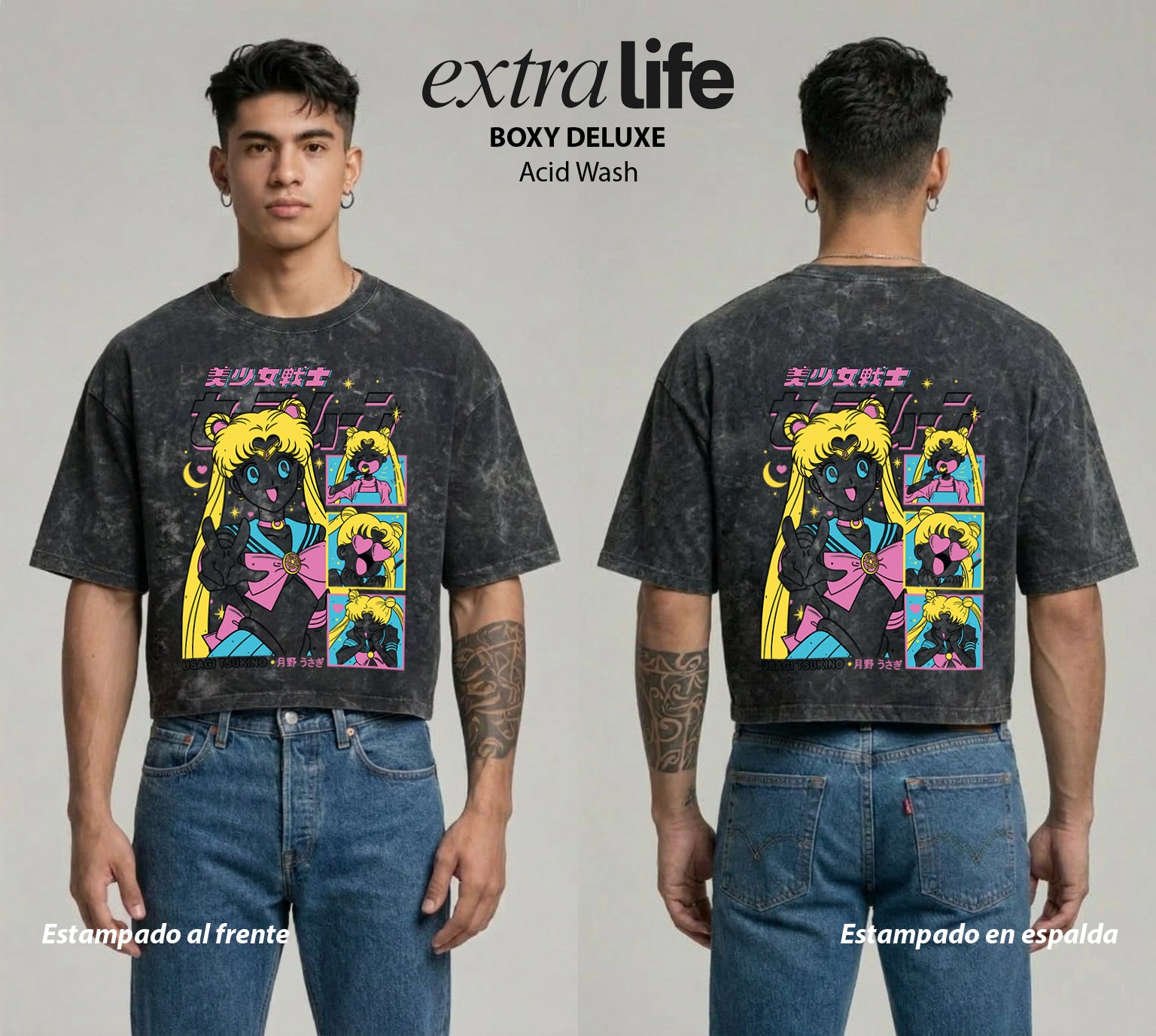 Playera streetwear premium de anime y gaming ExtraLife MX, corte boxy deluxe mineral wash heavyweight en color Acid Wash, moda urbana mexicana de culto.