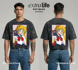 Playera streetwear premium de anime y gaming ExtraLife MX, corte boxy deluxe mineral wash heavyweight en color Acid Wash, moda urbana mexicana de culto.