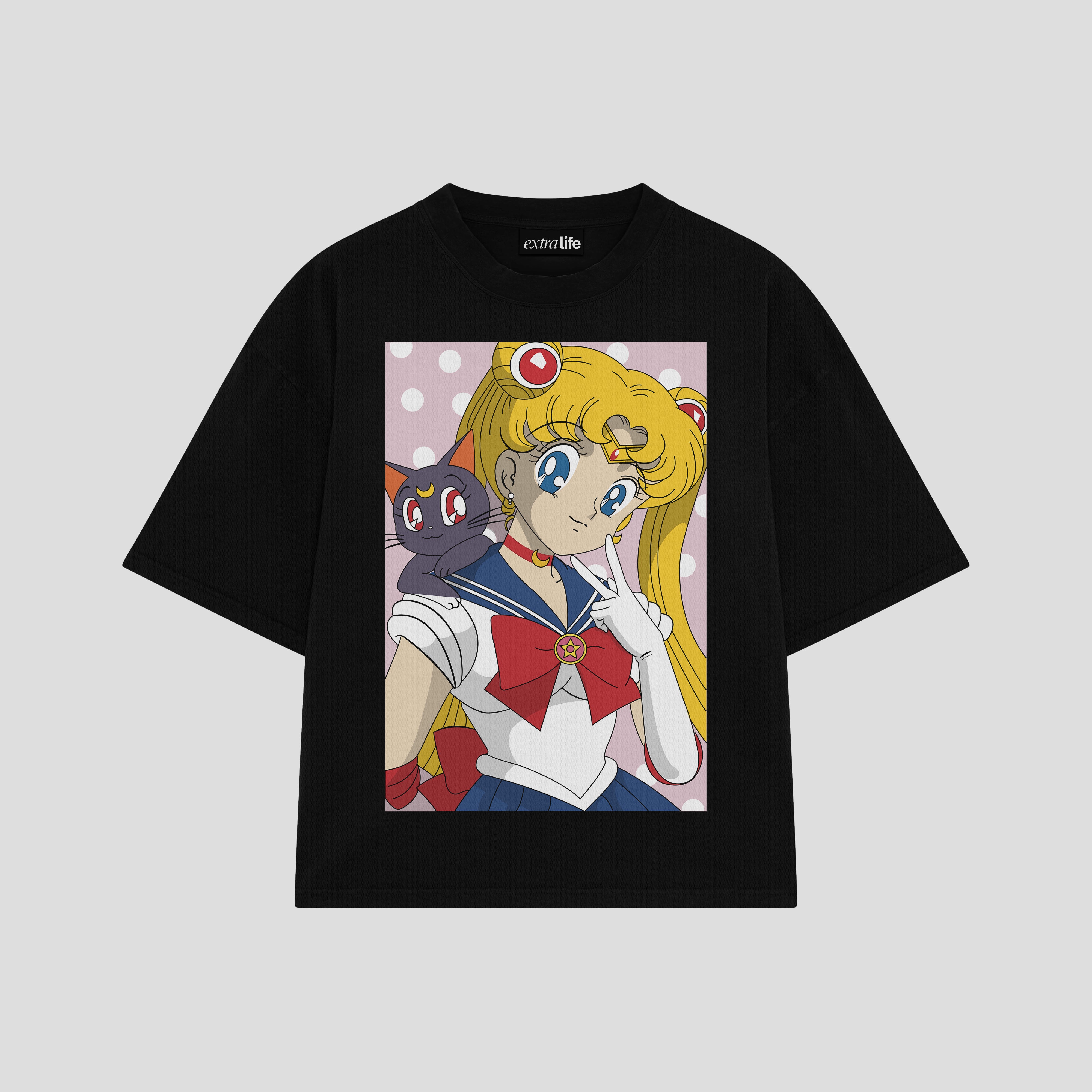 Playera streetwear premium de anime y gaming ExtraLife MX, corte boxy oversized drop shoulder heavyweight en color Deep Black y Off-White, moda urbana mexicana de culto.