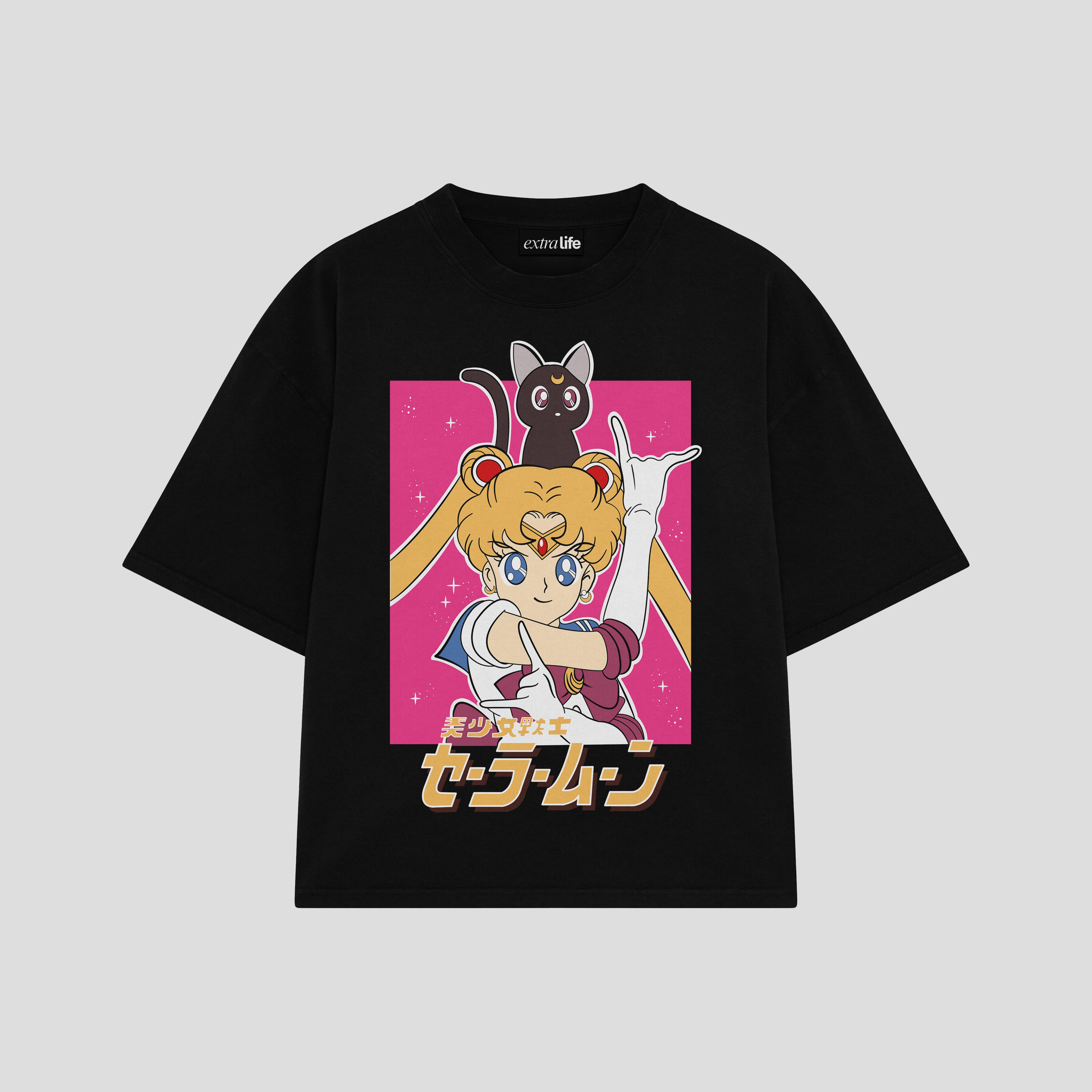 Playera streetwear premium de anime y gaming ExtraLife MX, corte boxy oversized drop shoulder heavyweight en color Deep Black y Off-White, moda urbana mexicana de culto.