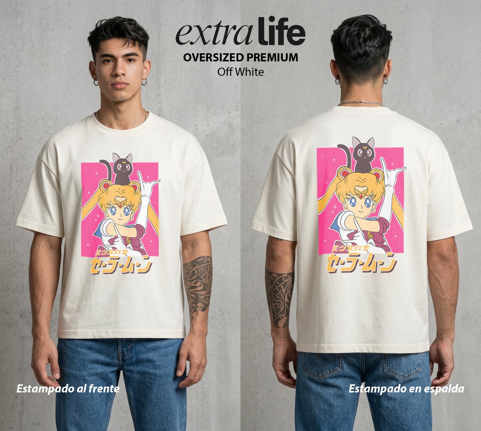 Las Guerreras del Cosmos | El Gato del Destino #03783 - Playera Oversized Premium | Off White - Foto en modelo