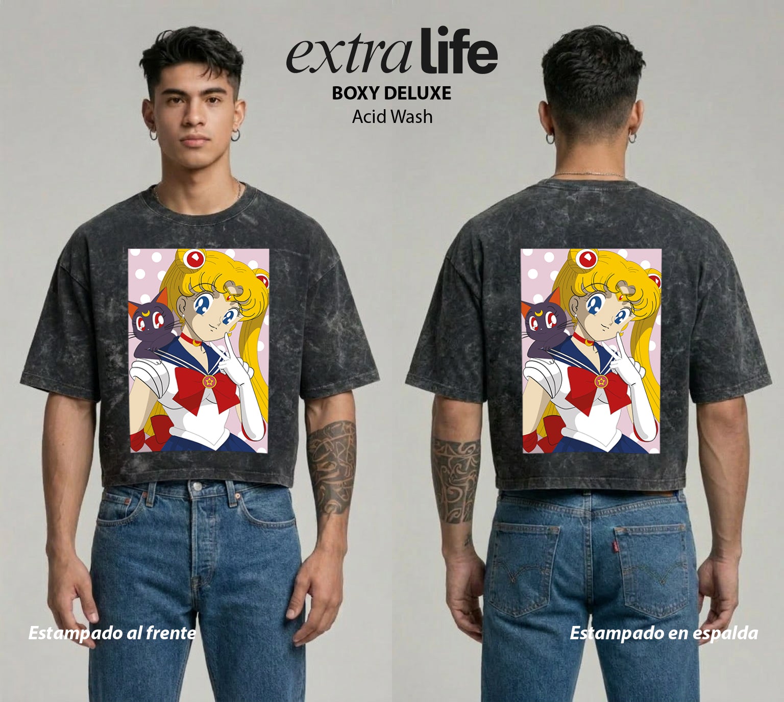 Playera streetwear premium de anime y gaming ExtraLife MX, corte boxy deluxe mineral wash heavyweight en color Acid Wash, moda urbana mexicana de culto.