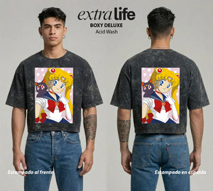 Playera streetwear premium de anime y gaming ExtraLife MX, corte boxy deluxe mineral wash heavyweight en color Acid Wash, moda urbana mexicana de culto.