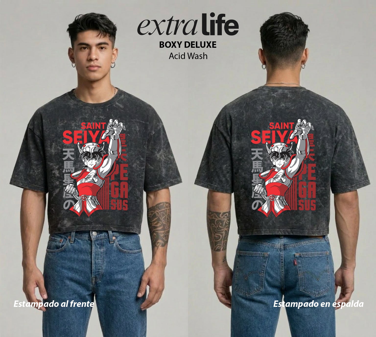 Playera streetwear premium de anime y gaming ExtraLife MX, corte boxy deluxe mineral wash heavyweight en color Acid Wash, moda urbana mexicana de culto.