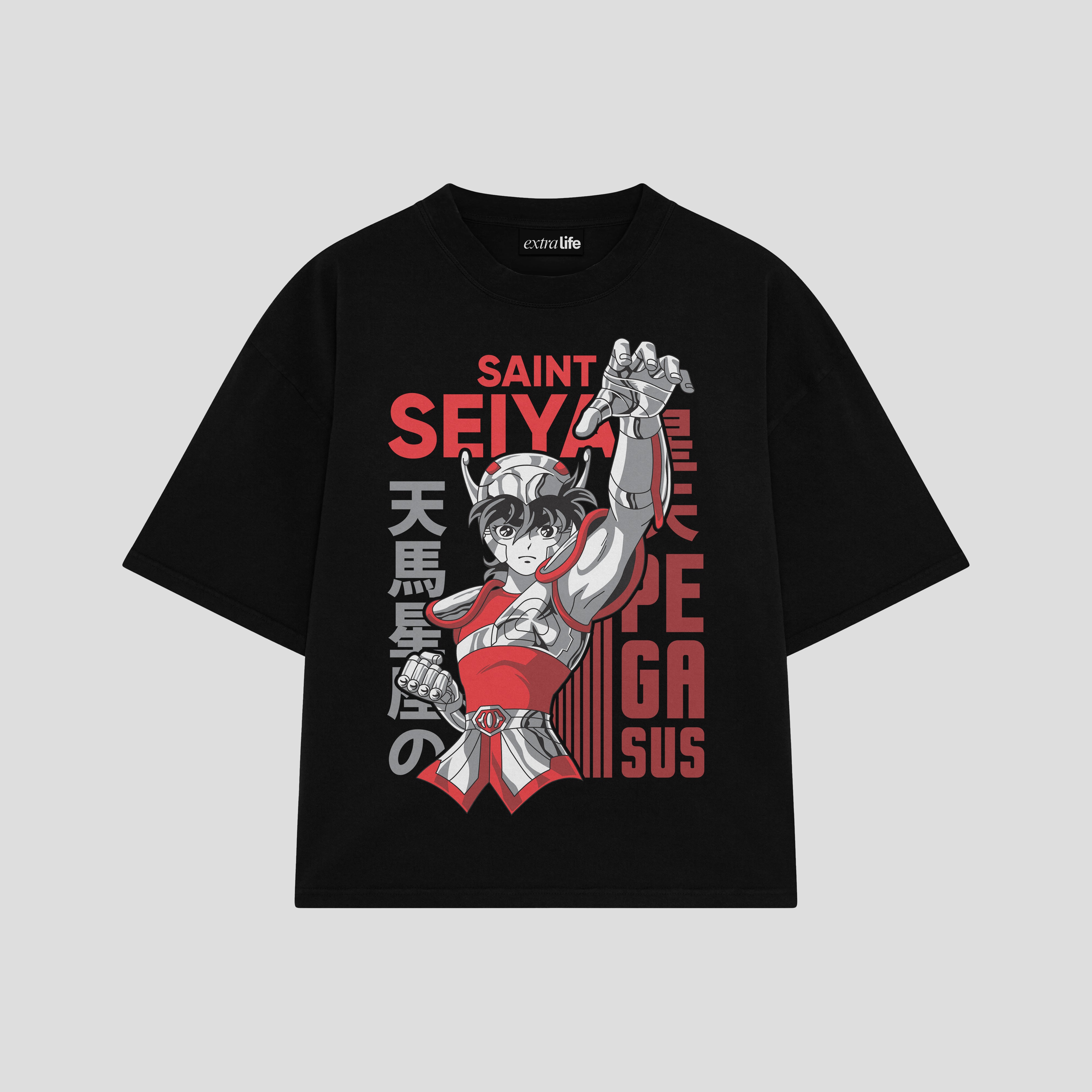 Playera streetwear premium de anime y gaming ExtraLife MX, corte boxy oversized drop shoulder heavyweight en color Deep Black y Off-White, moda urbana mexicana de culto.