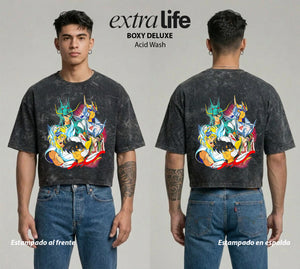 Playera streetwear premium de anime y gaming ExtraLife MX, corte boxy deluxe mineral wash heavyweight en color Acid Wash, moda urbana mexicana de culto.