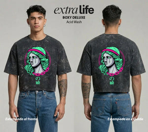Playera streetwear premium de anime y gaming ExtraLife MX, corte boxy deluxe mineral wash heavyweight en color Acid Wash, moda urbana mexicana de culto.