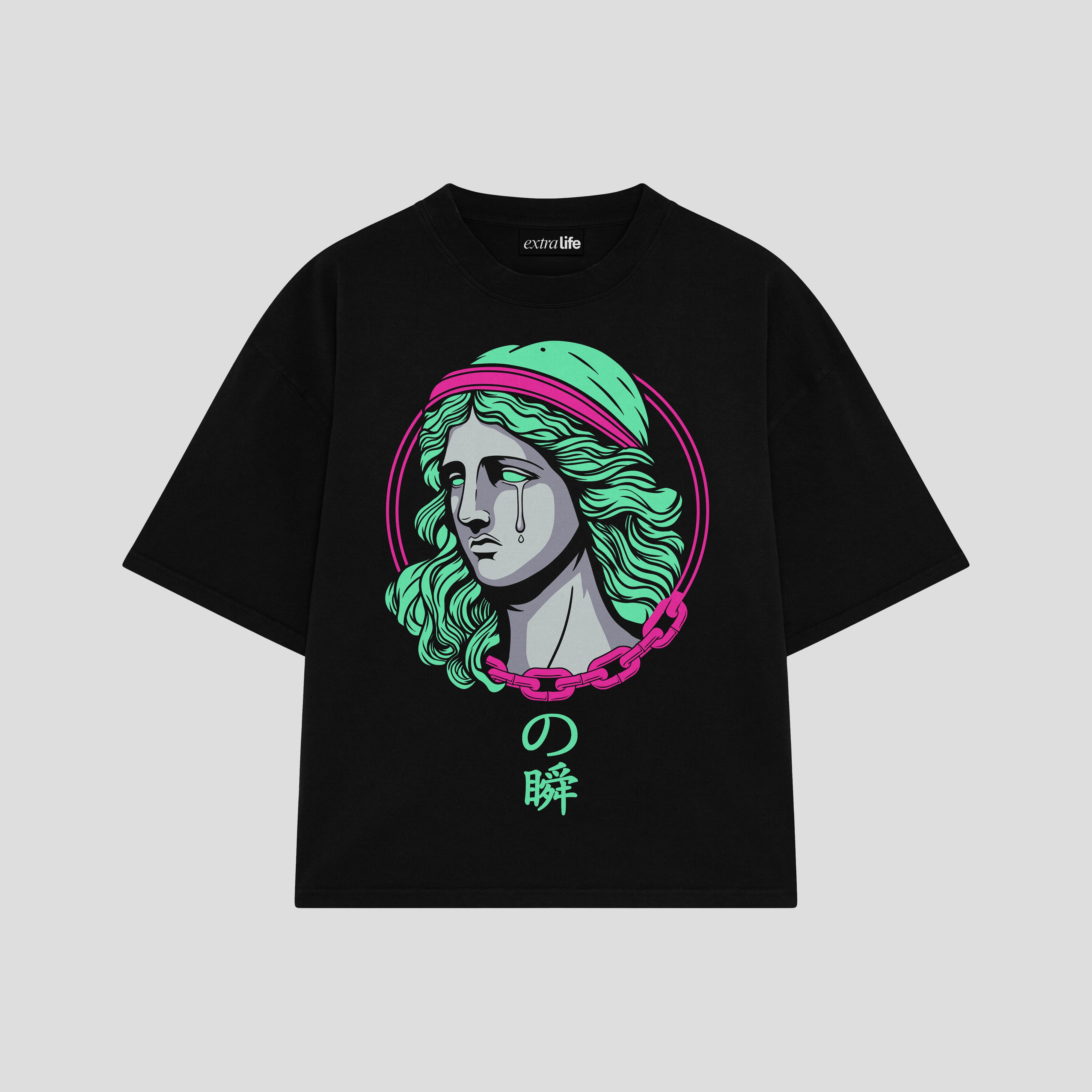 Playera streetwear premium de anime y gaming ExtraLife MX, corte boxy oversized drop shoulder heavyweight en color Deep Black y Off-White, moda urbana mexicana de culto.