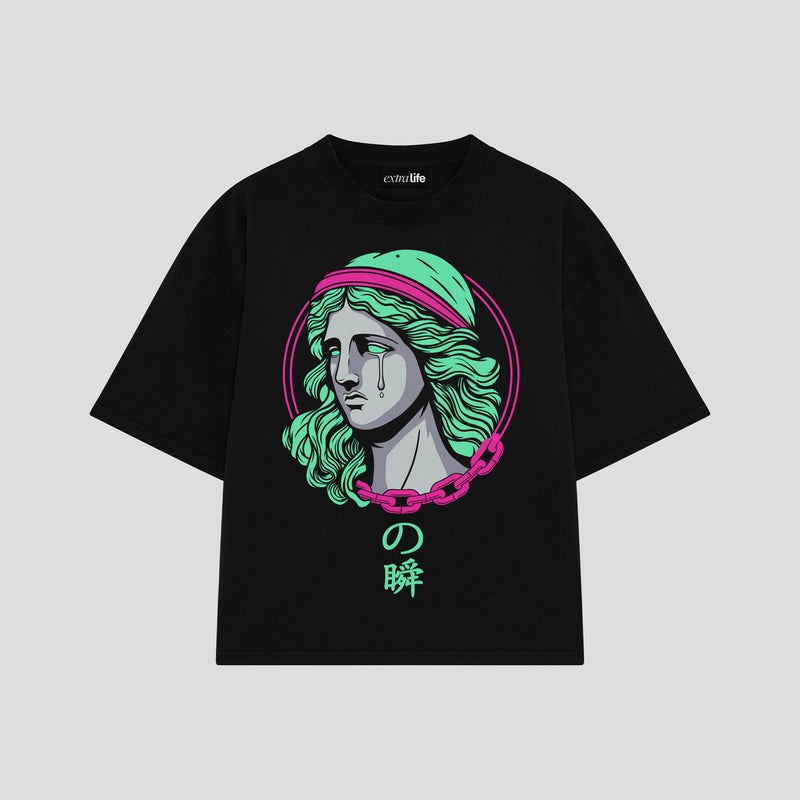 Playera streetwear premium de anime y gaming ExtraLife MX, corte boxy oversized drop shoulder heavyweight en color Deep Black y Off-White, moda urbana mexicana de culto.