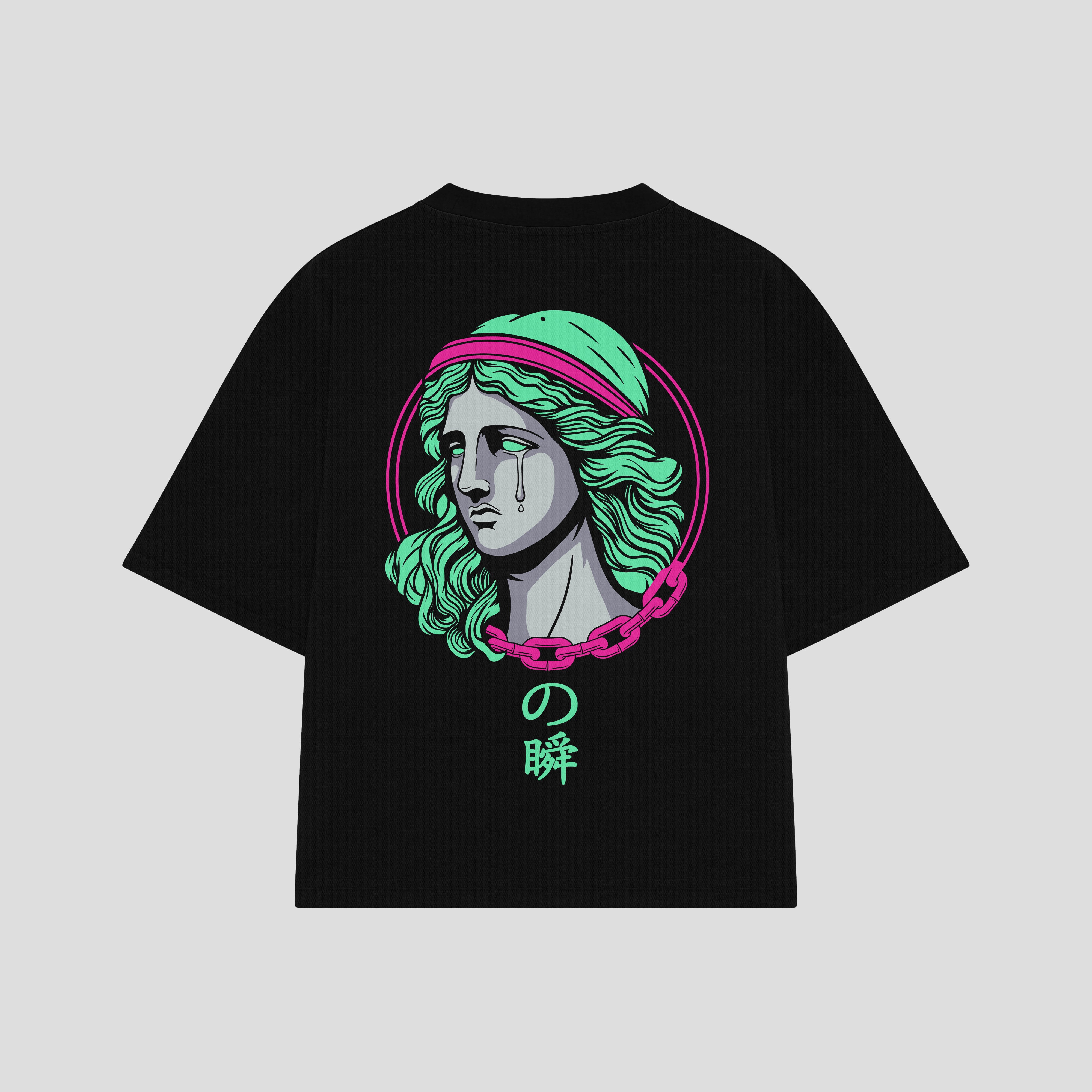Playera streetwear premium de anime y gaming ExtraLife MX, corte boxy oversized drop shoulder heavyweight en color Deep Black y Off-White, moda urbana mexicana de culto.