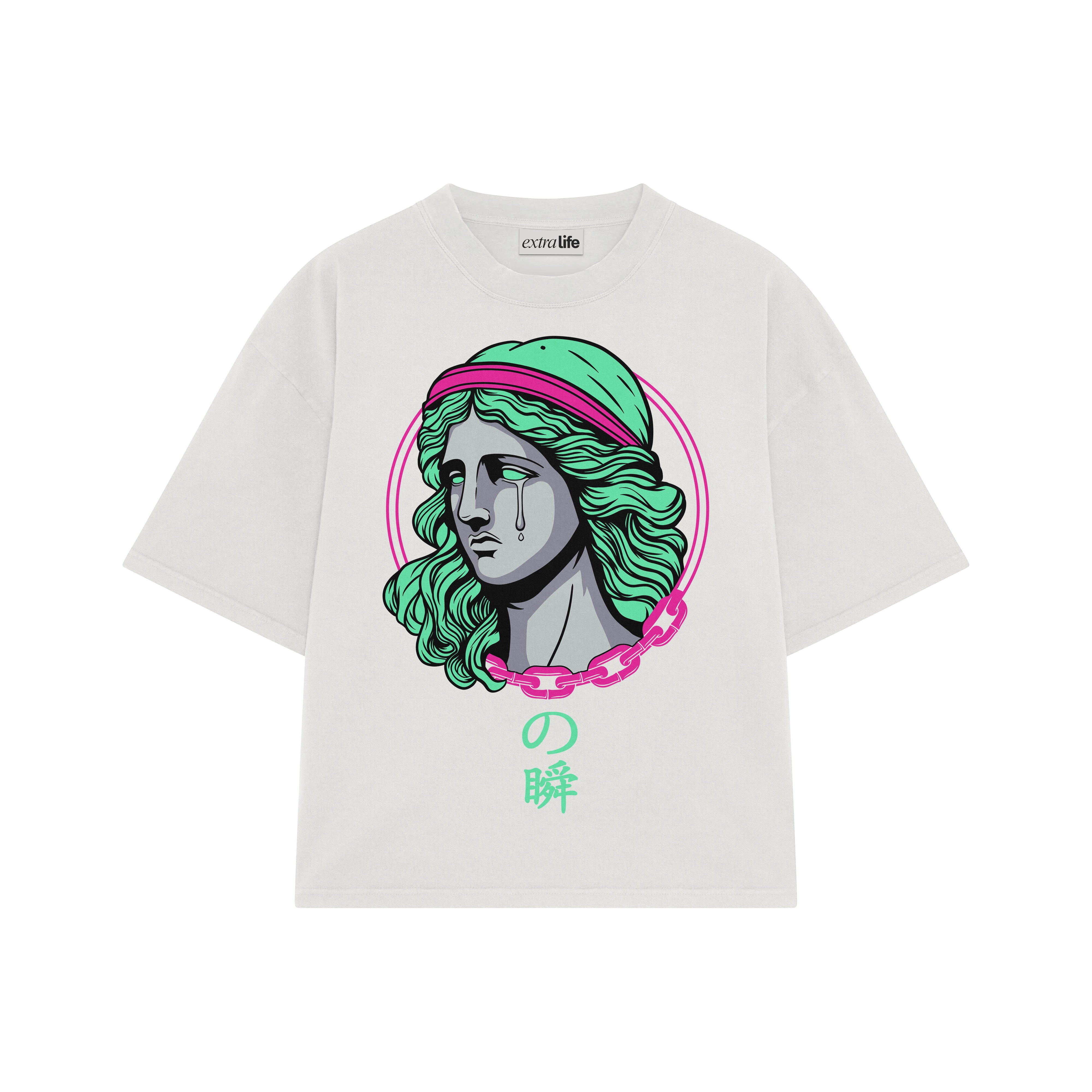 Playera streetwear premium de anime y gaming ExtraLife MX, corte boxy oversized drop shoulder heavyweight en color Deep Black y Off-White, moda urbana mexicana de culto.