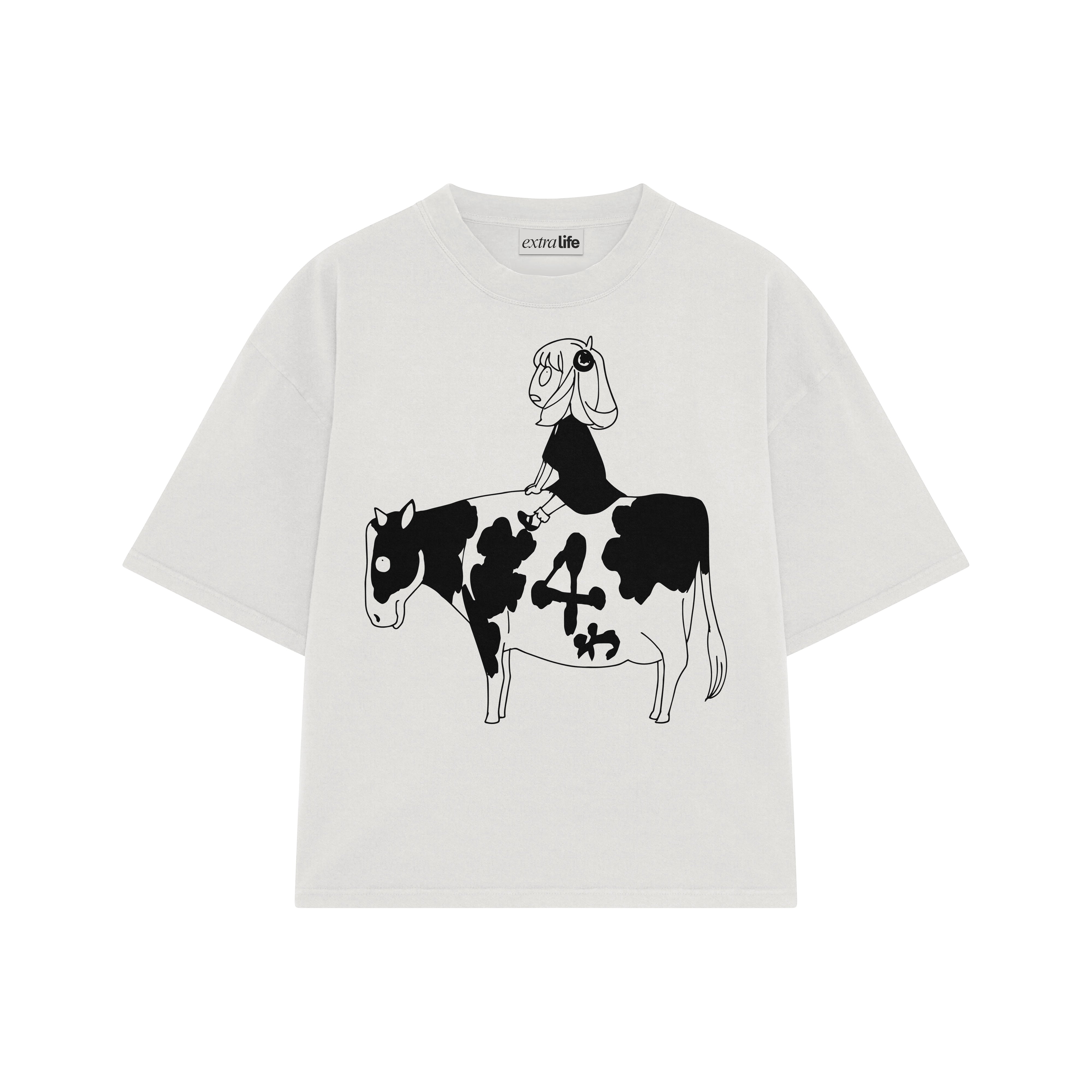 Playera streetwear premium de anime y gaming ExtraLife MX, corte boxy oversized drop shoulder heavyweight en color Deep Black y Off-White, moda urbana mexicana de culto.
