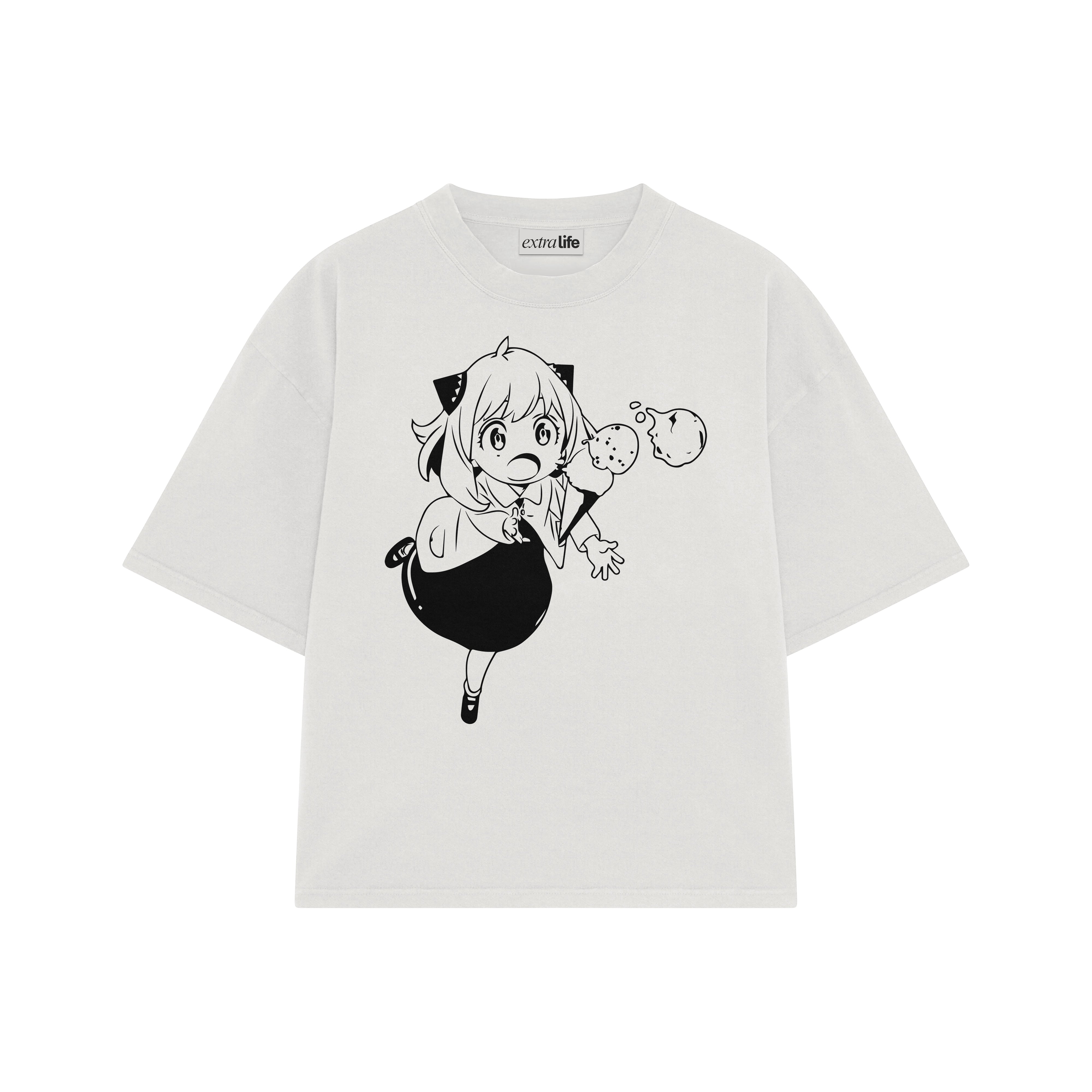 Playera streetwear premium de anime y gaming ExtraLife MX, corte boxy oversized drop shoulder heavyweight en color Deep Black y Off-White, moda urbana mexicana de culto.