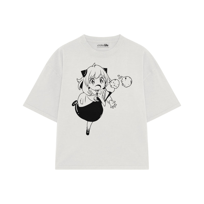 Playera streetwear premium de anime y gaming ExtraLife MX, corte boxy oversized drop shoulder heavyweight en color Deep Black y Off-White, moda urbana mexicana de culto.