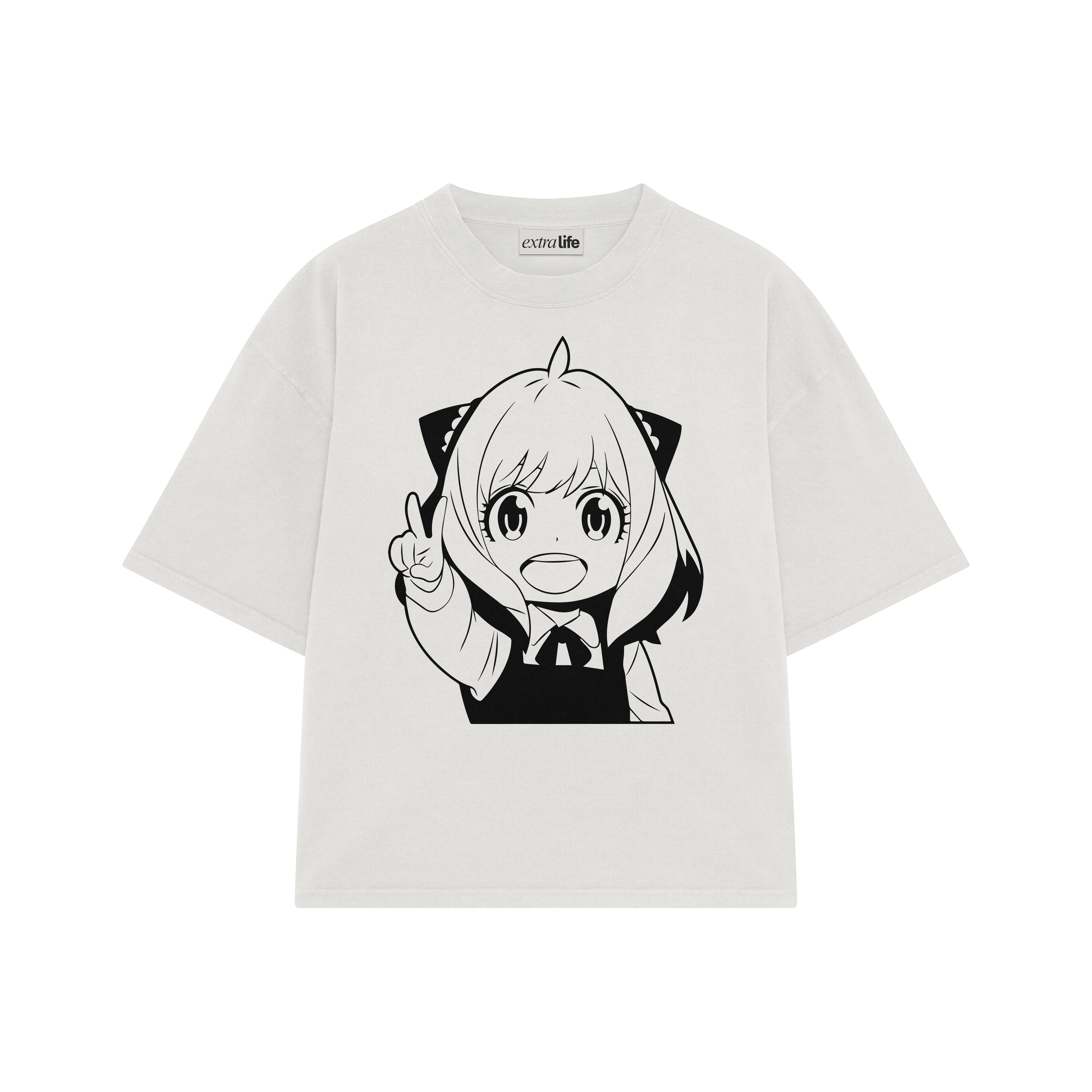 Playera streetwear premium de anime y gaming ExtraLife MX, corte boxy oversized drop shoulder heavyweight en color Deep Black y Off-White, moda urbana mexicana de culto.
