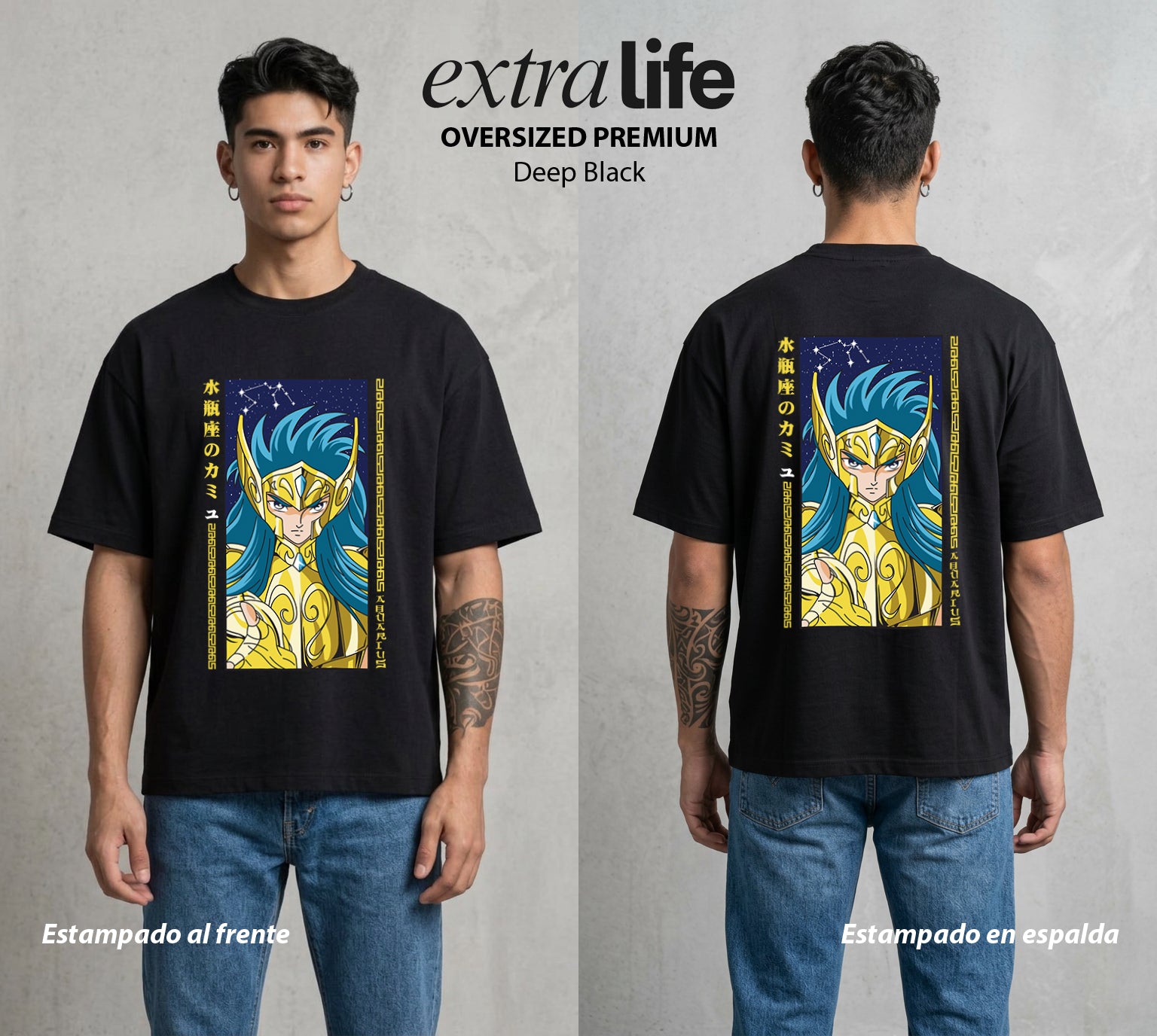 Los Caballeros del Cosmos | El Meteor del Cosmos #03795 - Playera Oversized Premium | Deep Black - Foto en modelo