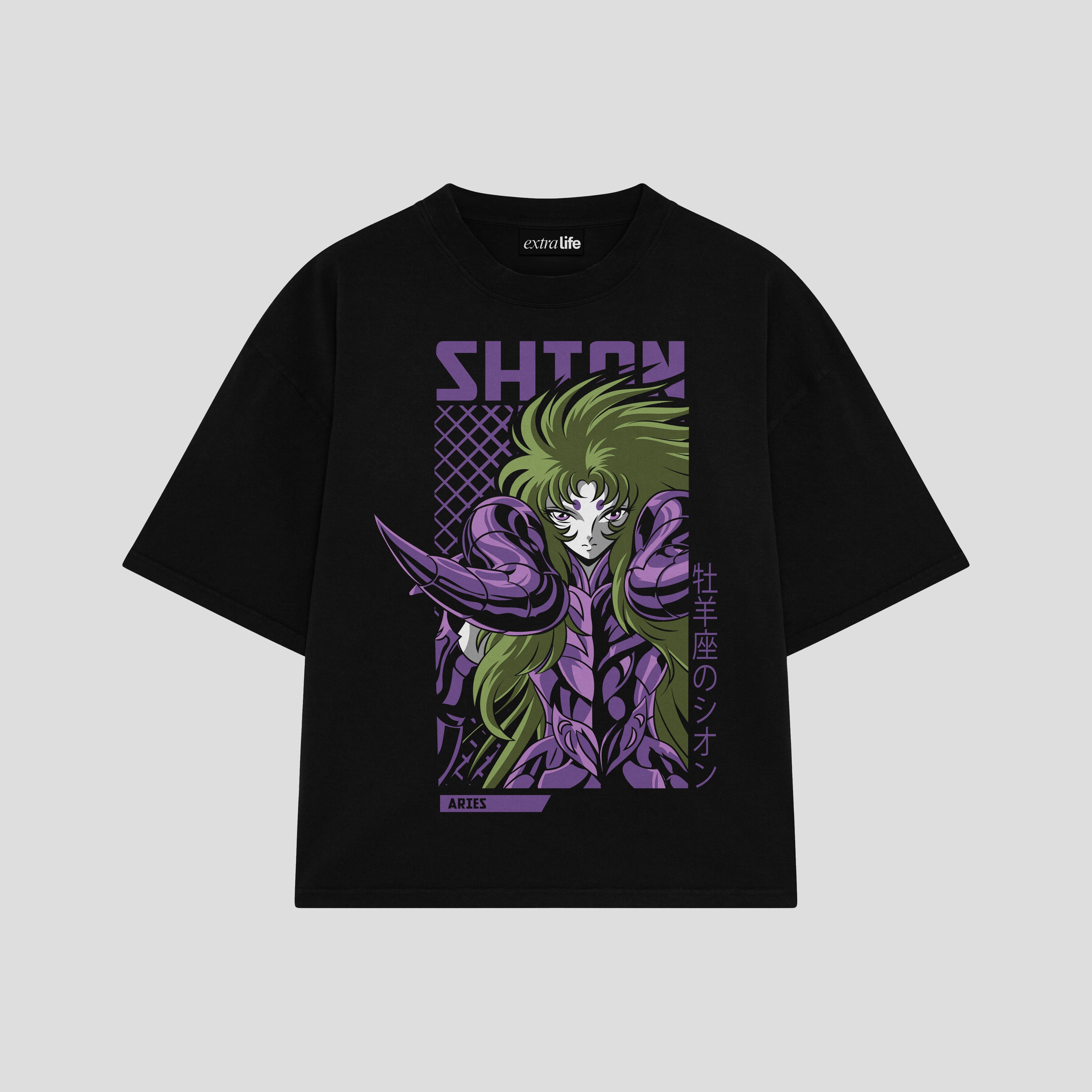 Playera streetwear premium de anime y gaming ExtraLife MX, corte boxy oversized drop shoulder heavyweight en color Deep Black y Off-White, moda urbana mexicana de culto.