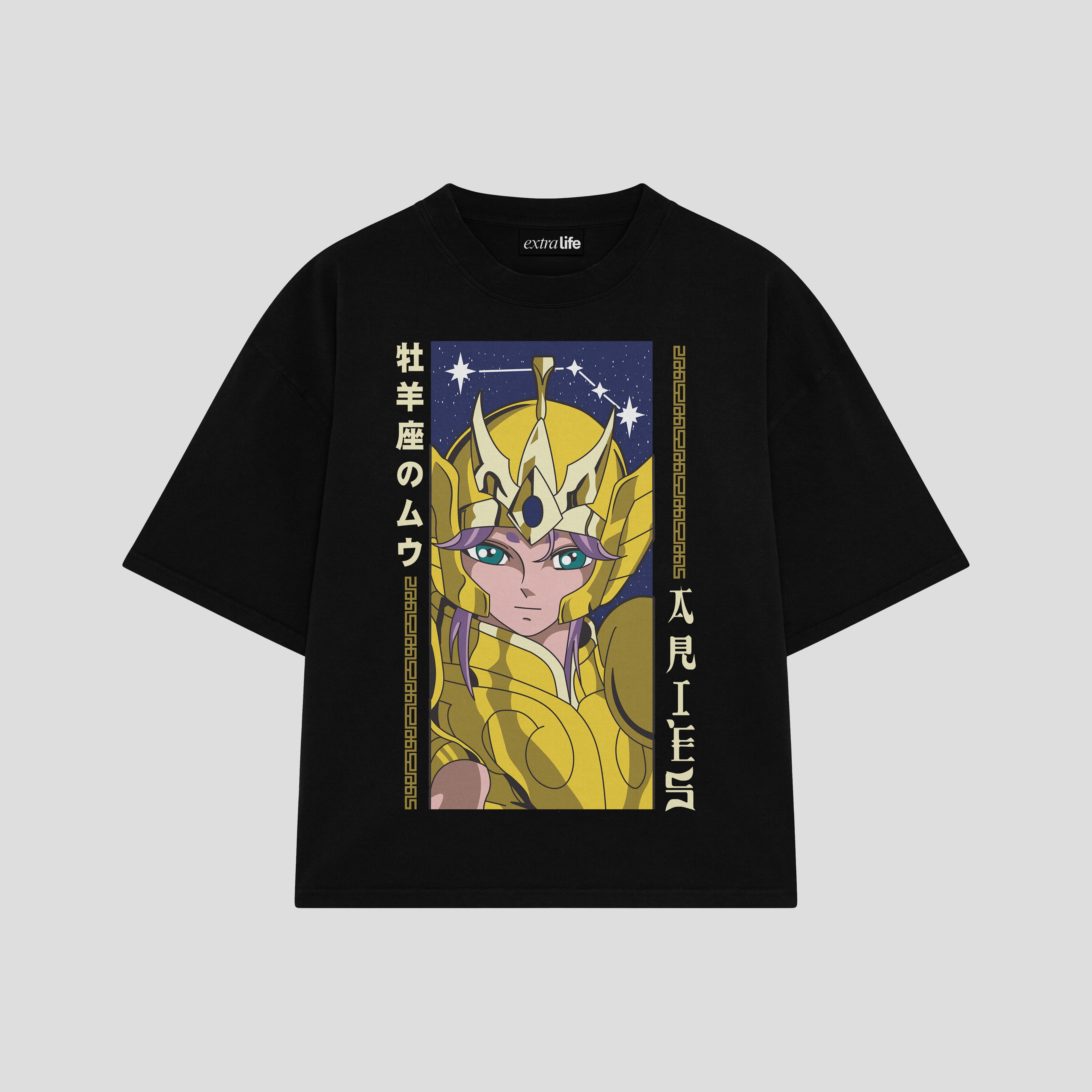 Playera streetwear premium de anime y gaming ExtraLife MX, corte boxy oversized drop shoulder heavyweight en color Deep Black y Off-White, moda urbana mexicana de culto.