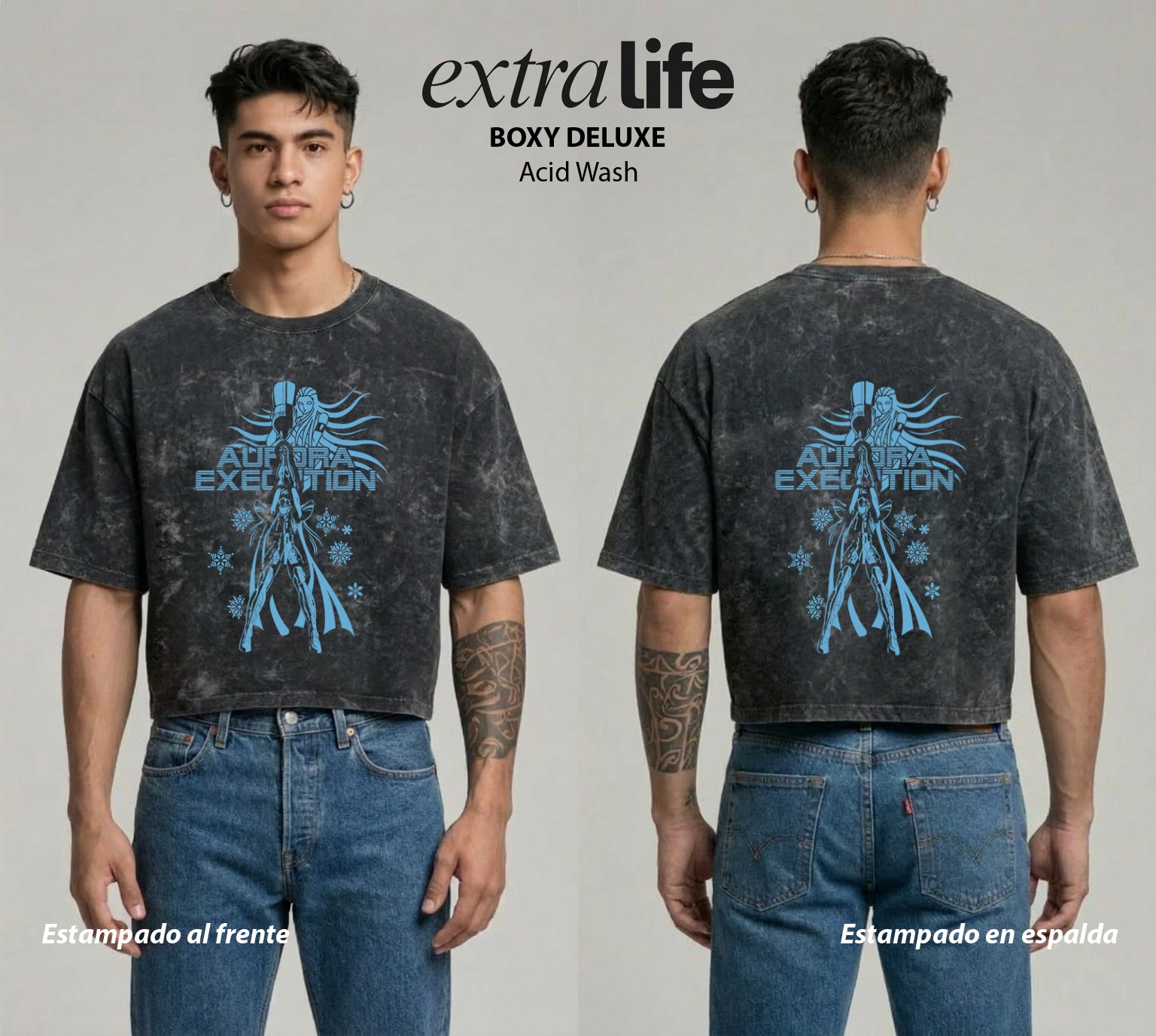 Playera streetwear premium de anime y gaming ExtraLife MX, corte boxy deluxe mineral wash heavyweight en color Acid Wash, moda urbana mexicana de culto.