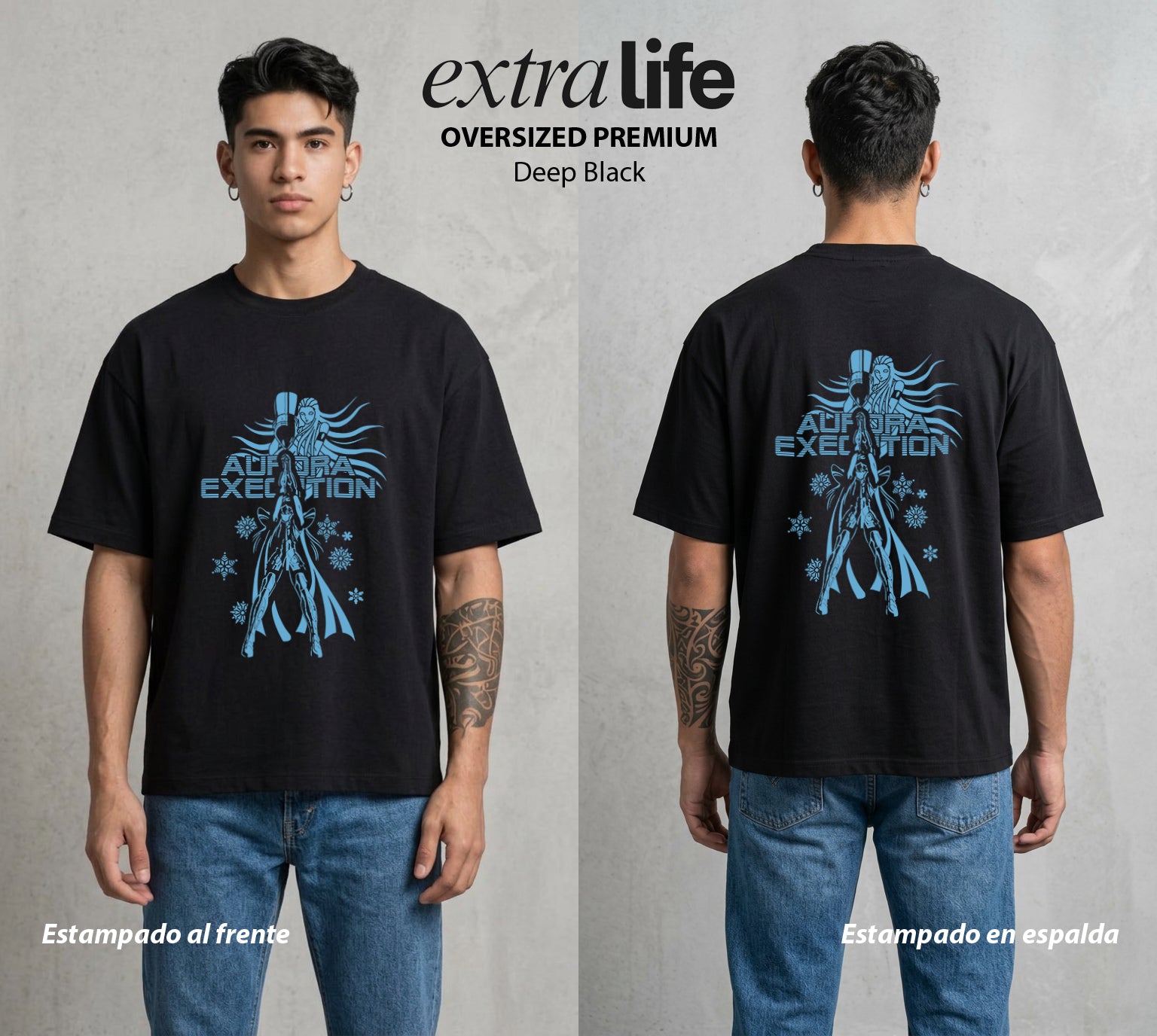 Los Caballeros del Cosmos | El Meteor del Cosmos #03801 - Playera Oversized Premium | Deep Black - Foto en modelo