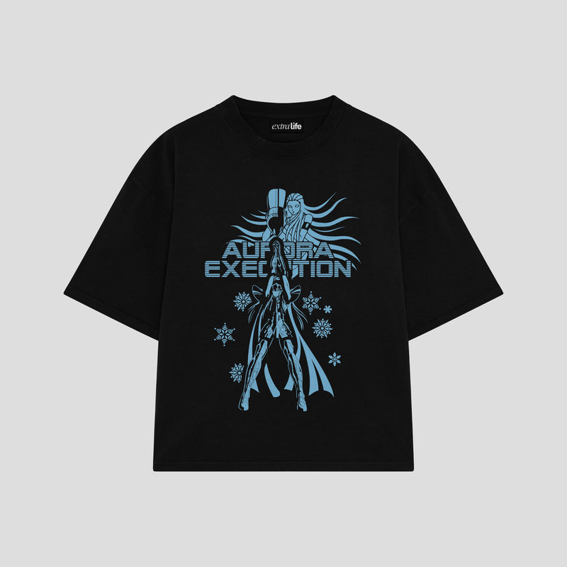 Playera streetwear premium de anime y gaming ExtraLife MX, corte boxy oversized drop shoulder heavyweight en color Deep Black y Off-White, moda urbana mexicana de culto.