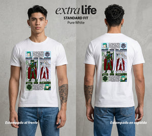 Los Caballeros del Cosmos | El Meteor del Cosmos #03802 - Playera Standard Fit | Pure White - Foto en modelo