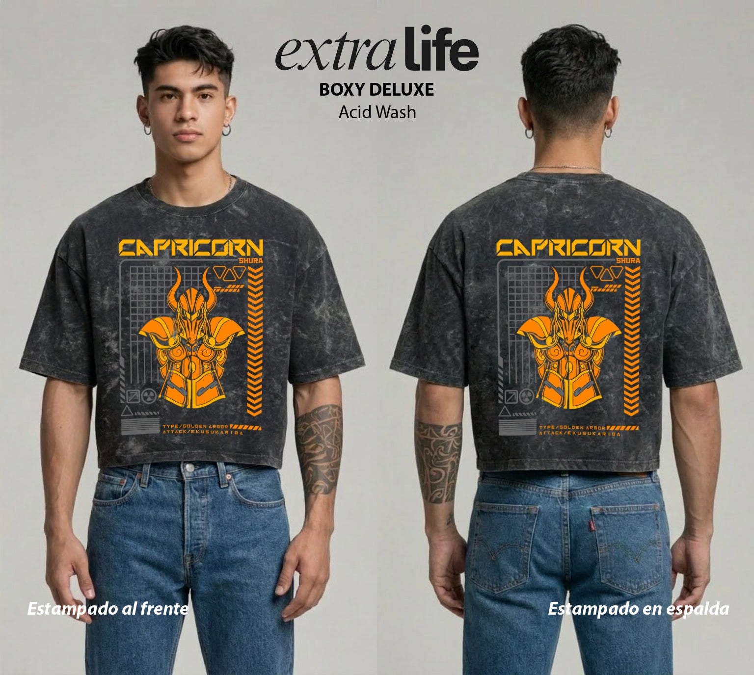 Playera streetwear premium de anime y gaming ExtraLife MX, corte boxy deluxe mineral wash heavyweight en color Acid Wash, moda urbana mexicana de culto.