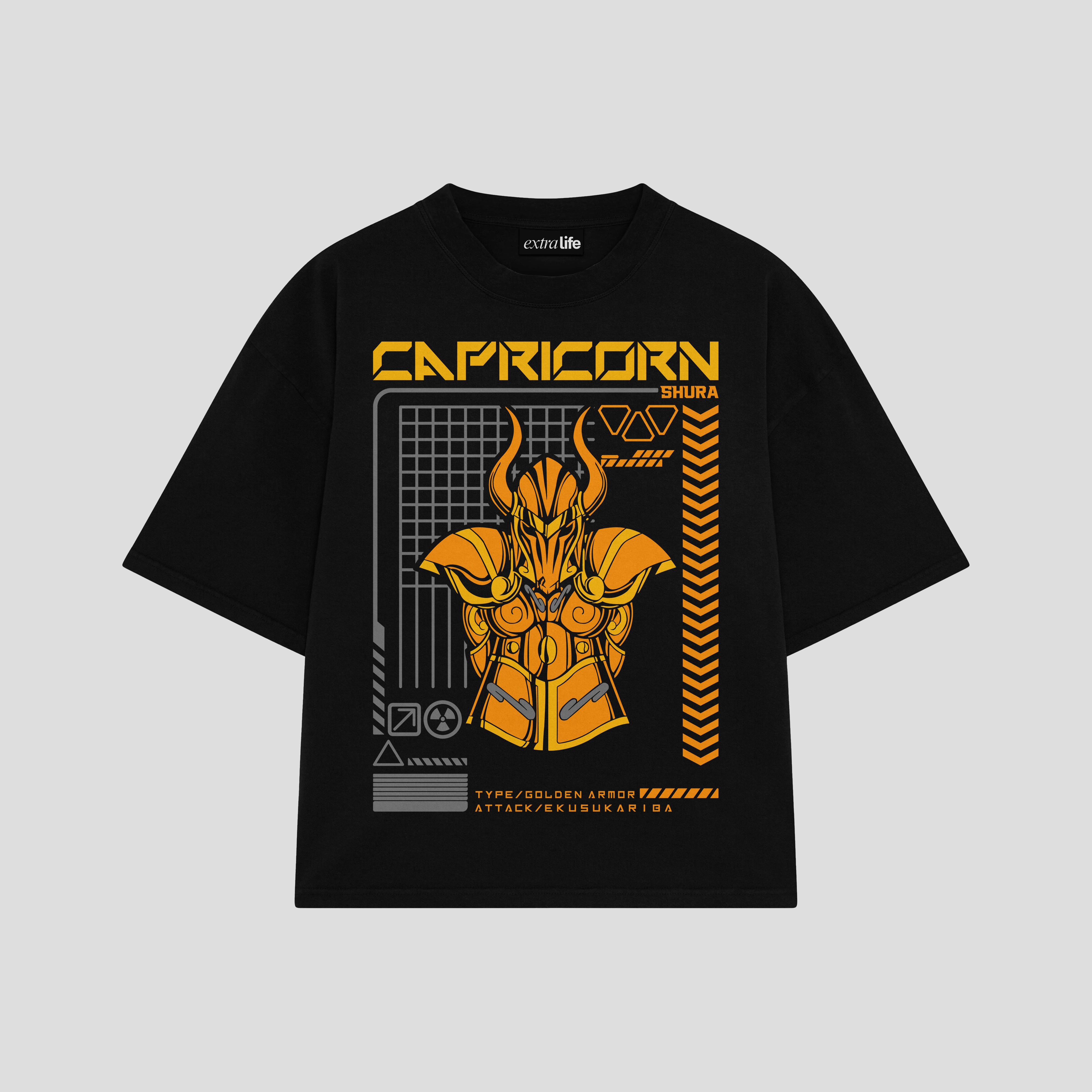Playera streetwear premium de anime y gaming ExtraLife MX, corte boxy oversized drop shoulder heavyweight en color Deep Black y Off-White, moda urbana mexicana de culto.