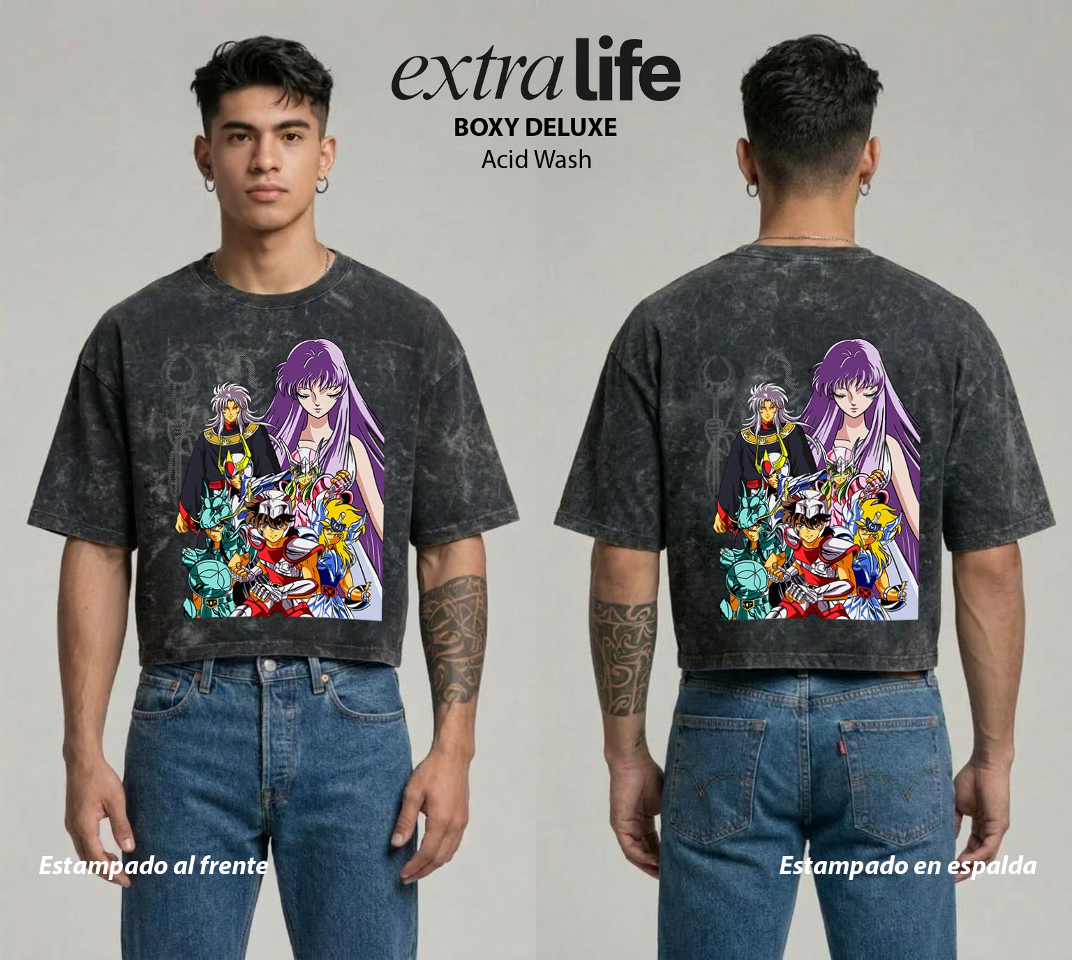 Playera streetwear premium de anime y gaming ExtraLife MX, corte boxy deluxe mineral wash heavyweight en color Acid Wash, moda urbana mexicana de culto.