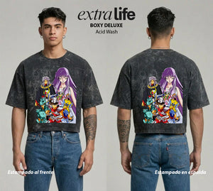Playera streetwear premium de anime y gaming ExtraLife MX, corte boxy deluxe mineral wash heavyweight en color Acid Wash, moda urbana mexicana de culto.