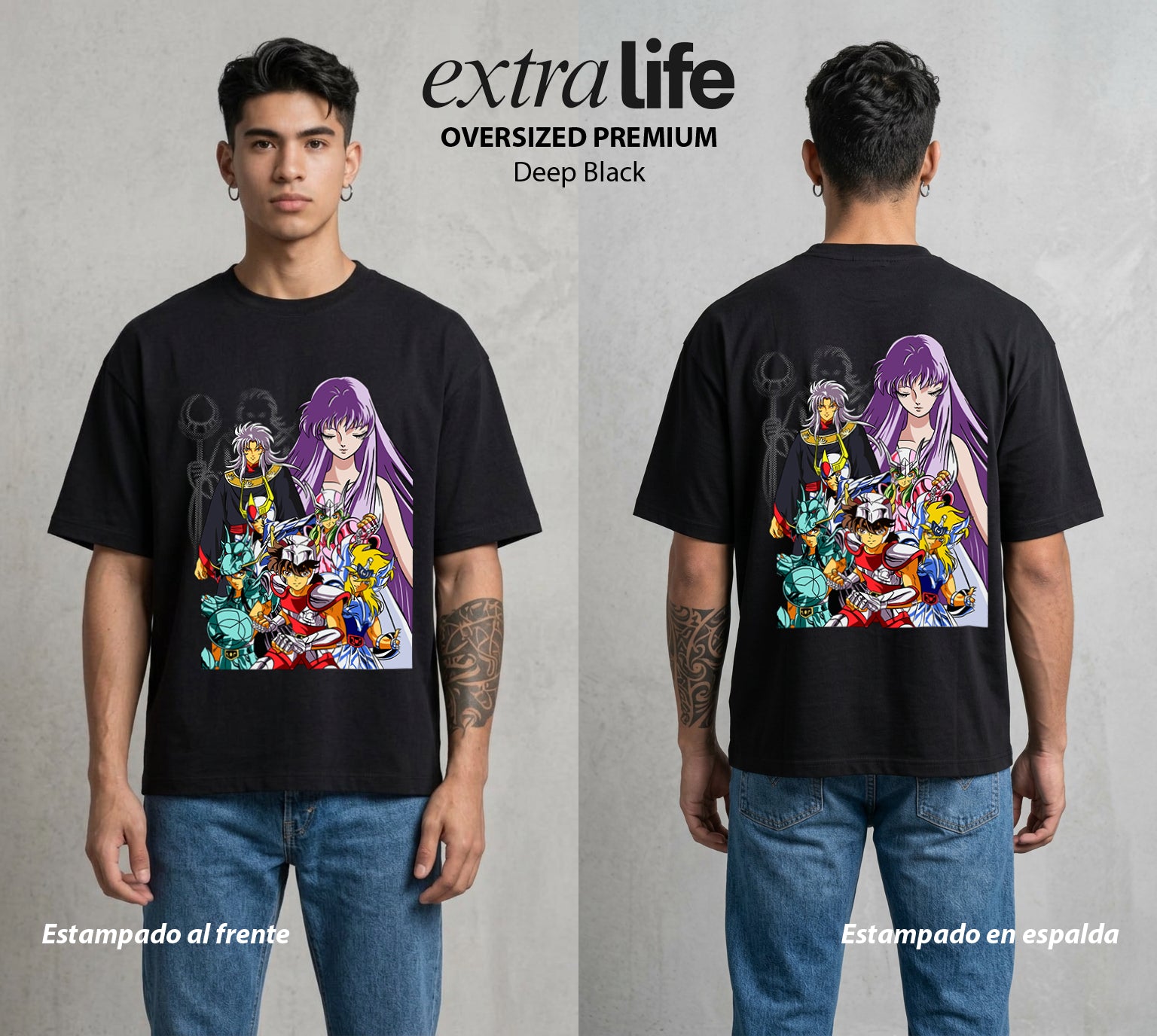 Los Caballeros del Cosmos | El Meteor del Cosmos #03810 - Playera Oversized Premium | Deep Black - Foto en modelo