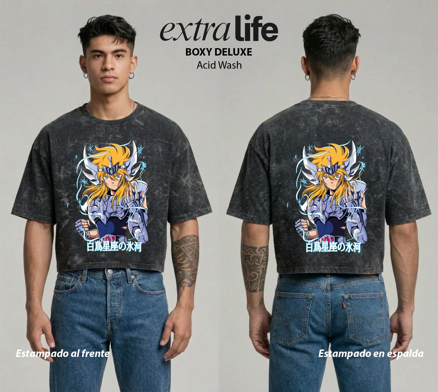 Playera streetwear premium de anime y gaming ExtraLife MX, corte boxy deluxe mineral wash heavyweight en color Acid Wash, moda urbana mexicana de culto.