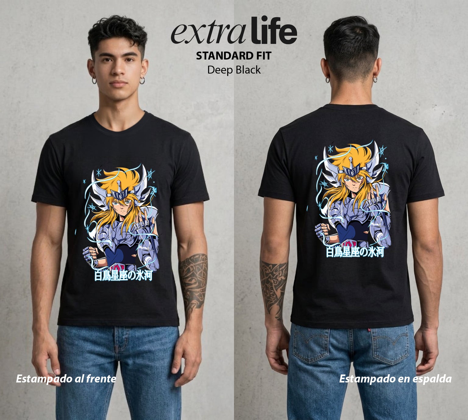 Los Caballeros del Cosmos | El Hielo del Norte #03811 - Playera Standard Fit | Deep Black - Foto en modelo
