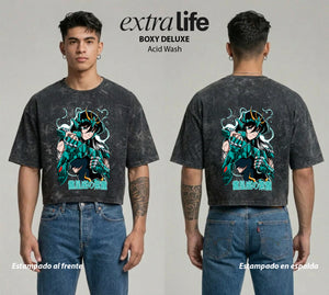 Playera streetwear premium de anime y gaming ExtraLife MX, corte boxy deluxe mineral wash heavyweight en color Acid Wash, moda urbana mexicana de culto.